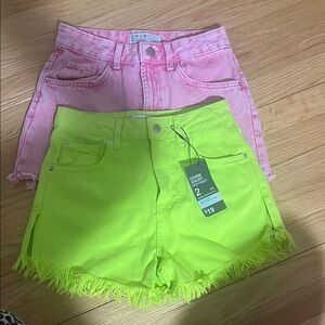 Primark Pink and Green Jean Shorts Frayed Hem